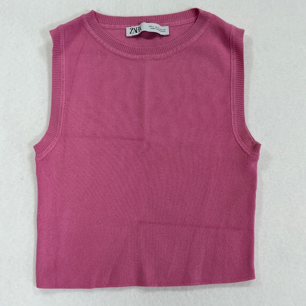 Zara Pink Ribbed Knit Sleeveless Tank Top Crew Neck Small 3519/030/620